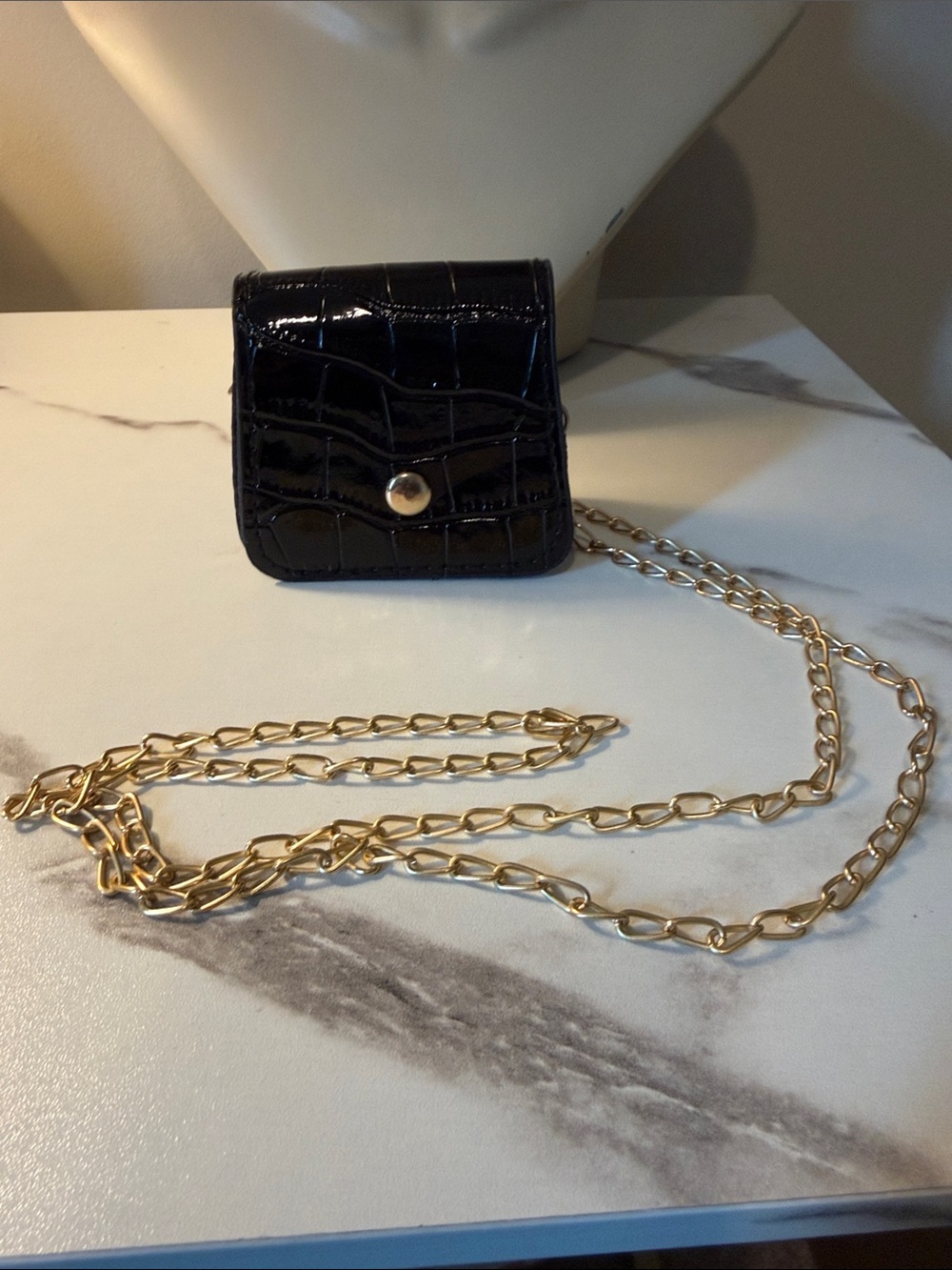 Black Croc-Embossed Mini Crossbody with Gold Chain